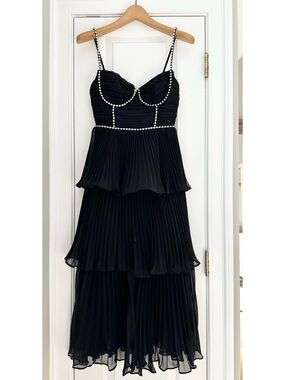 Crystal-embellished tiered chiffon midi dress
